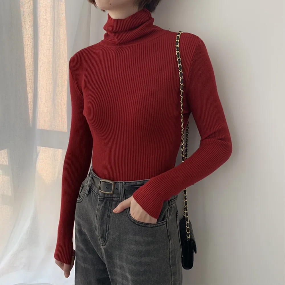 

Turtleneck Sweater Women Casual Slim Fit Pullover Stretch Ribbed Long Sleeve Sweaters High Neck Pullover Slim female Knitwear A5