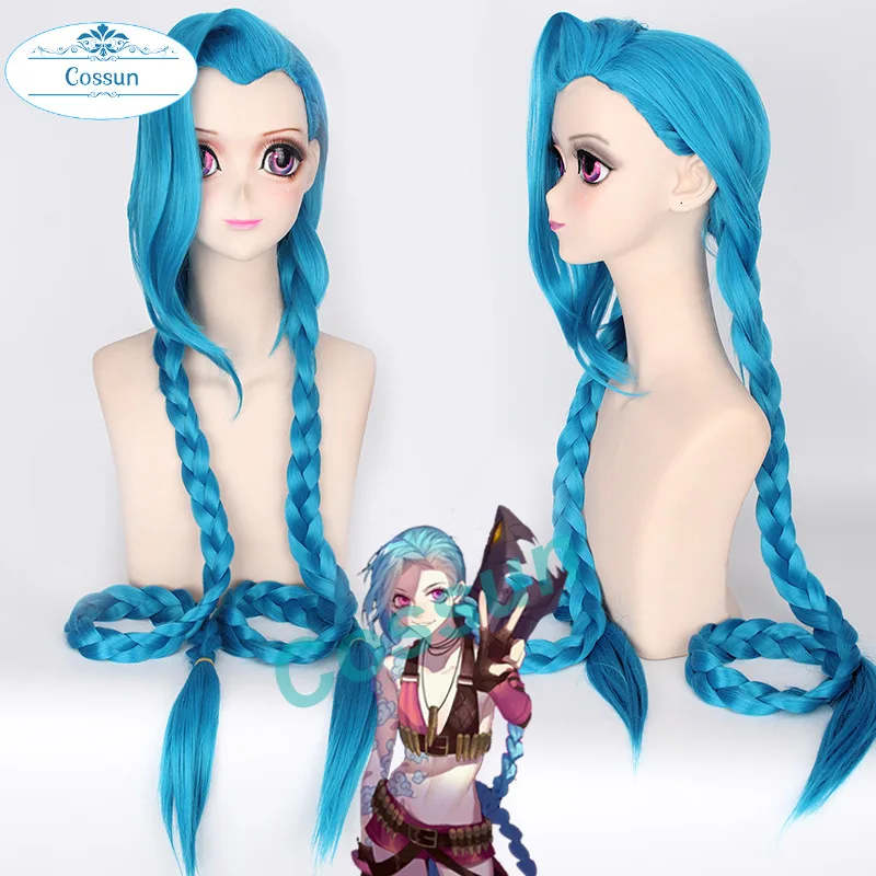 

120cm/46.8" LOL Jinx cosplay wig Jinx blue braids The Loose Cannon wig with blue plaits Jinx synthetic hair + wig cap