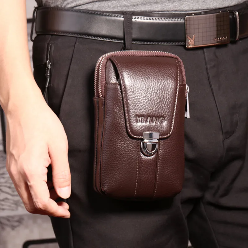 Мужская поясная сумка из натуральной кожи кошельки на двойной молнии с замком