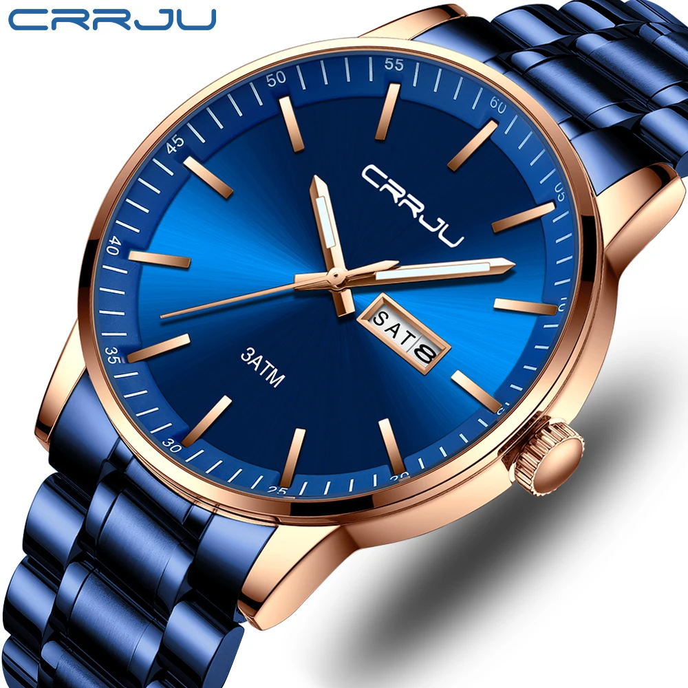 

CRRJU Fashion Men's Watch Top Brand Luxury Blue Sports man Wristwatch Waterproof Steel Calendar Quartz Male Clock Relogio