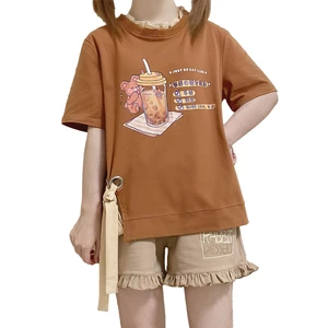 Kawaii Fashion Girls T Shirts Women Cute Milk Tea Brown Tops 2021 Harajuku Aesthetic Lolita Sweet Anime Print Graphic Tees Shirt