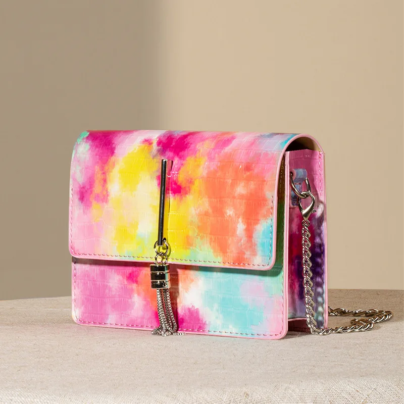 

Women Trendy Tie-dye Gradient Chain Shoulder Messenger Bags All Match Fashion Samll Aquare Crossbody Pouch Ladies Cassual Purse