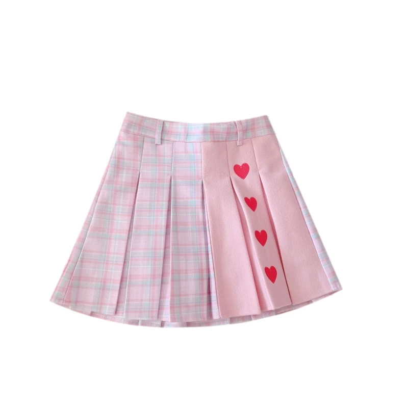 

Harajuku Kawaii Plaid Mini Skirt Women Schoolgirl Lolita Cosplay High Waist Heart Cute Pink A Line Pleated Tennis Short Skirts