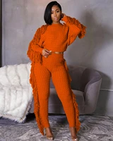 winter woman long sleeve tassel sweater two piece set solid knited warm thicked crop top and slim pants suits tracksuit outfits