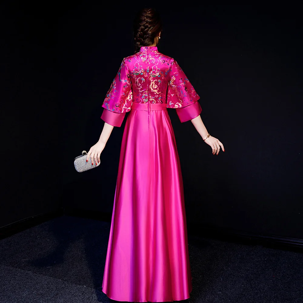

Hot Pink Womens Slim Dress Party Evening Long Cheongsam Marriage Gown Luxury Wedding Qipao Fashion Chinese Style Clothes Vestido