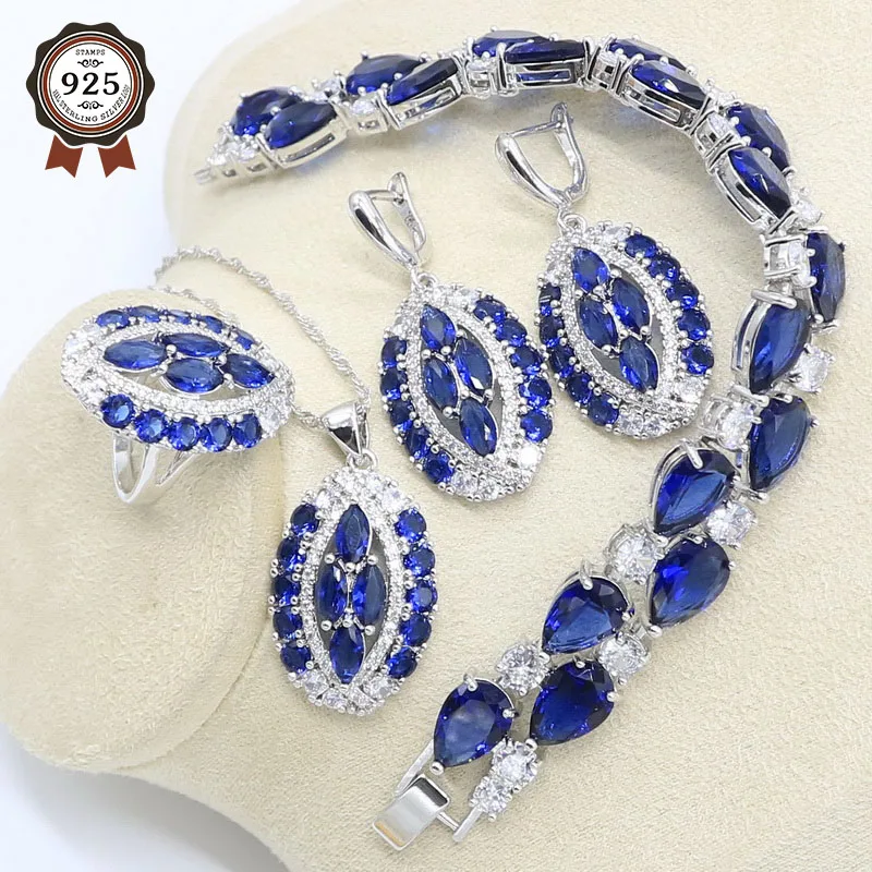 Темно-Синий Циркон Серебряный набор украшений для женщин браслет серьги