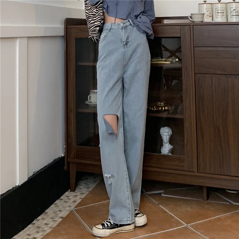 

Beggar Ripped Jeans Women's Summer 2021 New High Waist Slimming Loose Wide-Leg Straight Pants Small Pants