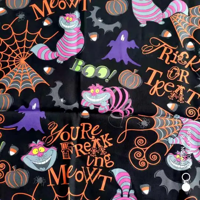 140cm Width Alice in Wonderland Cheshire Cat Trick or Treat Cotton Fabric for Baby Clothes Bags Halloween Decoration DIY-BK666