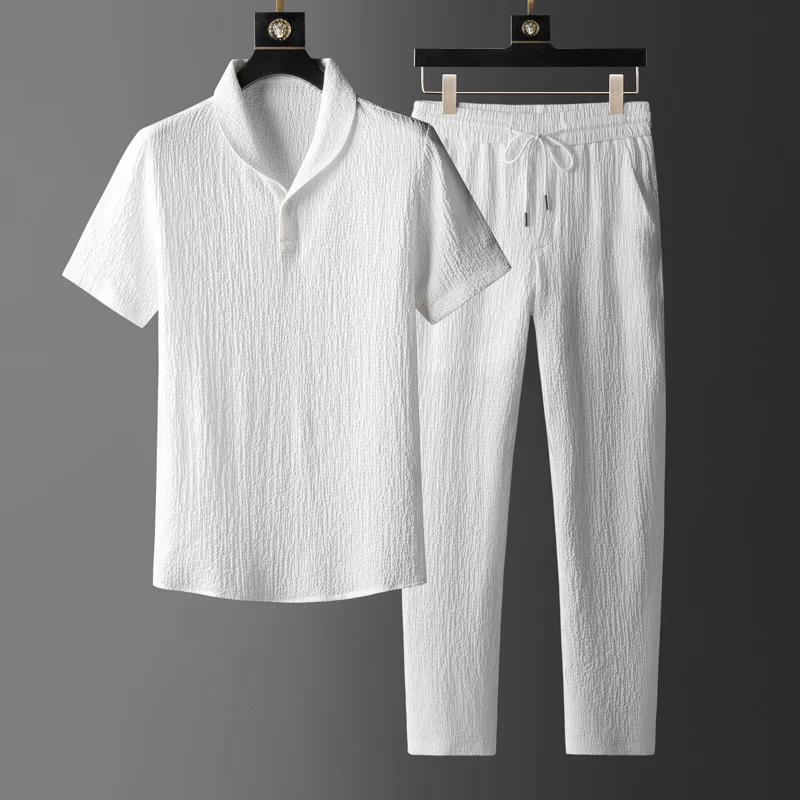 

Cool and breathable in summer, pleated cotton linen fabric, men's green fruit collar, ultra-thin short sleeve T-shirt, sports