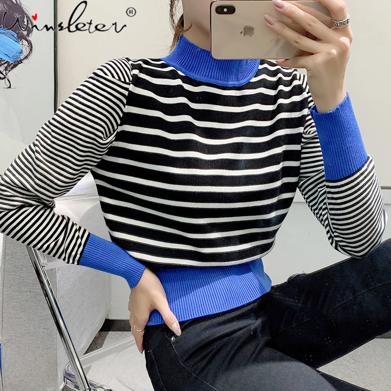 

Fall Winter Korean Style Knitted Sweater Fashion Color Block Turn-down Collar Slim Pullover Knitwear Tops Women 2021 New T19527A