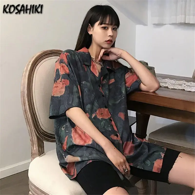 

KOSAHIKI Blouses Women Retro Printed Ulzzang Summer Chic Turn-down Collar Womens Shirts Fashion Casual All-match Korean Top