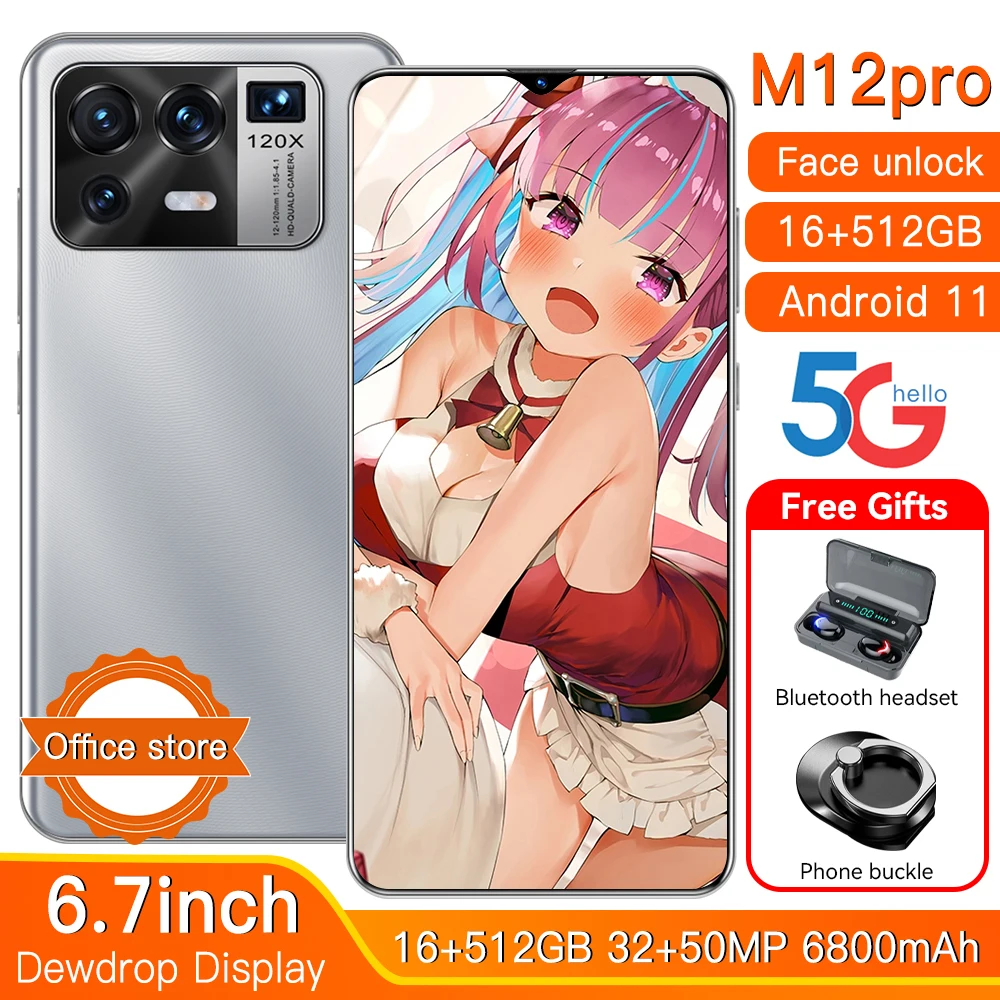 

M12 Pro 6.7 Inch Global Version Android 11.0 Smartphone 16GB+512GB Full Screen 6800mAh Smartphone 32MP+50MP Camera Face ID Phone