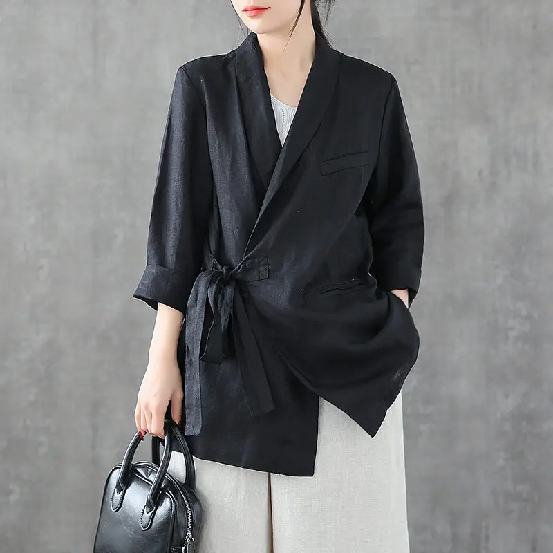 Женский жакет из хлопка и льна свободный блейзер с длинным рукавом шнуровкой в