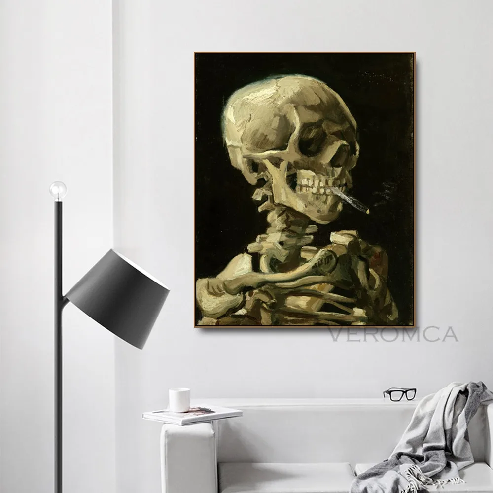 

Famous Oil Art Painting Canvas Poster Head of a Skeleton with a Burning Cigarette By Van Gogh for Study Living Room Decor