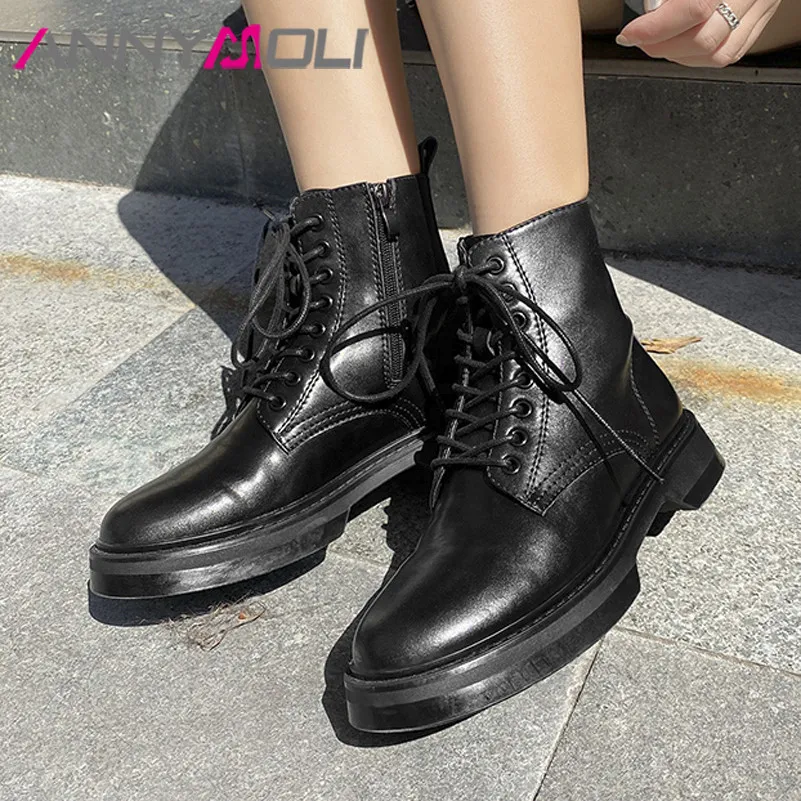 

ANNYMOLI Motorcycle Boots Woman Med Heel Ankle Boots Zipper Platform Block Heel Short Boots Lace Up Ladies Shoes Autumn Winter