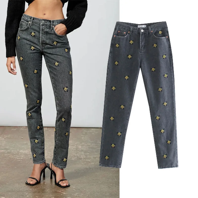

Xypskh Za Women 2021New Fashion printing pattern Slim Jeans Vintage High Waist Zipper Fly Female Trousers Mujer