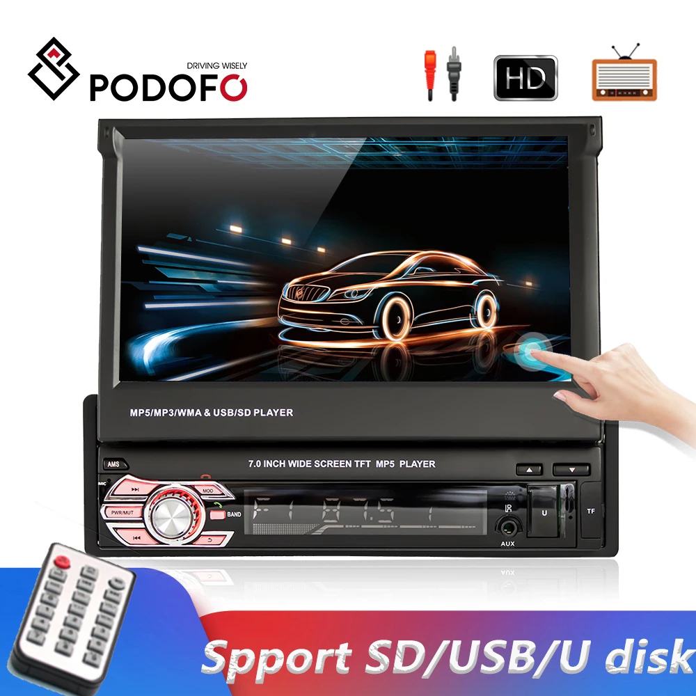 Podofo Автомагнитола 1Din 7 дюймов Bluetooth Авто Радио выдвижной сенсорный Экран монитор