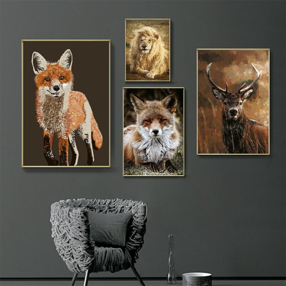 Картина на холсте с животными лисицей львом|Рисование и каллиграфия| |