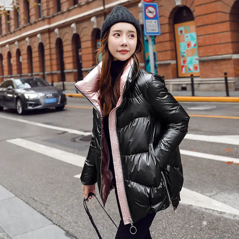 

2021 Women's Winter Coats Fashion Silver Stand Collar Parkas Winter Jacket Women Pockets Padded Coat White Duck Down Jacket L84