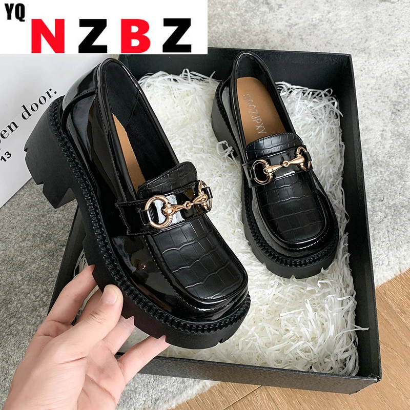 

New Metal Buckle Pu Leather Women Shoes Thick Platform Flats All-match Shoes Ladies Black Casual Flat Loafers Zapatos De Mujer