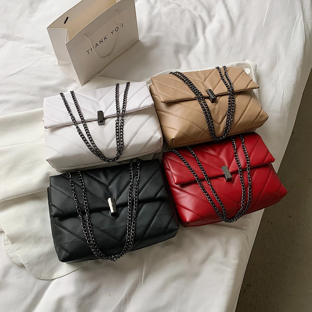 

Fashion Women Solid Color Shoulder Bag Casual Chain PU Leather Messenger Chain Design Luxury Hand Bag Female Travel Bags