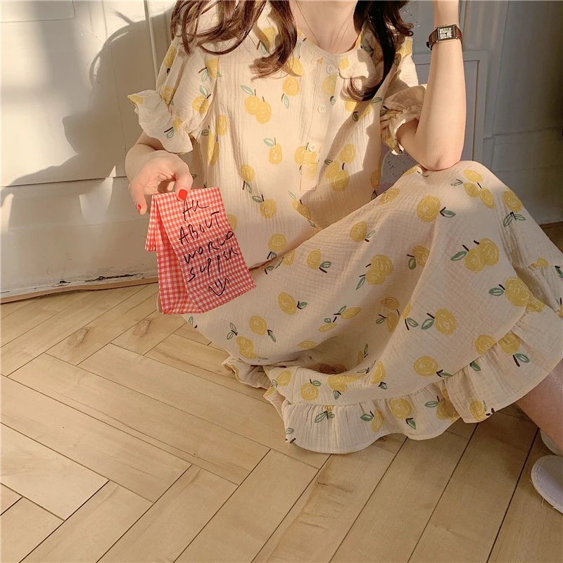 

Harajpee Pajamas Girl Japanese Soft Sweet New Style Lace Round Neck Fruit Print Loose Housewear Nightdress Women In Summer 2021