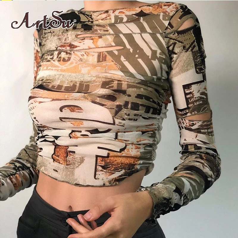 Женский укороченный топ с принтом ArtSu хлопковый длинными рукавами и круглым