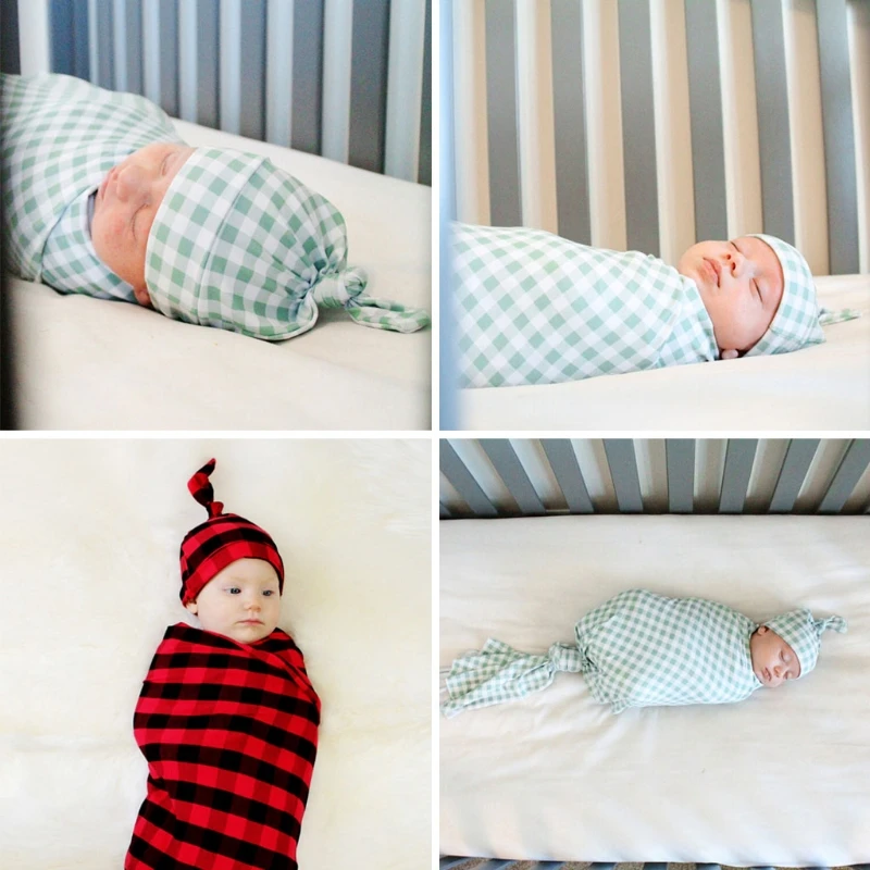

Infant Muslin Swaddle Wrap Sleeping Bag Beanie Baby Lattice Pattern Receiving Blanket Tail Knot Hat Set for Newborn
