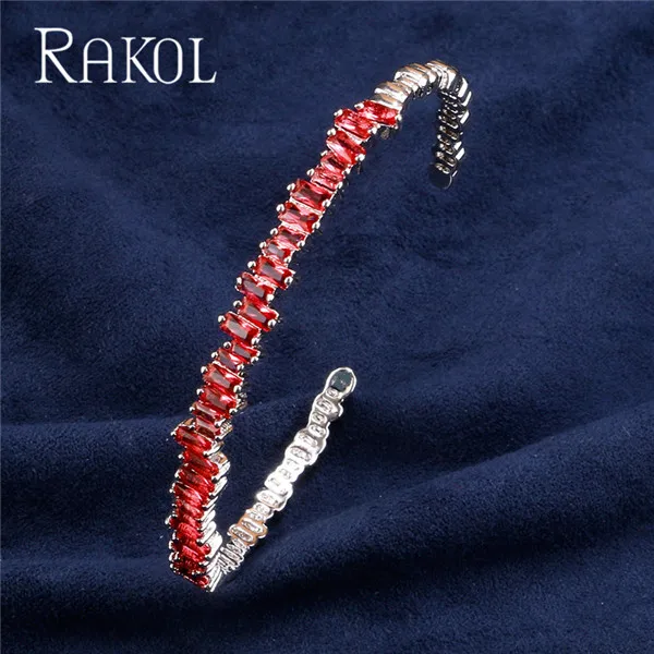 RAKOL AAA+ кубический цирконий багет Bijoux манжета Теннисный браслет и браслет с розовым золотом женские свадебные ювелирные изделия - Окраска металла: Red