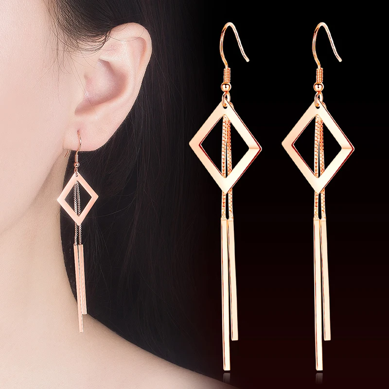 

Simple Romantic Long Chain Tassel Drop Earrings For Women Geometric Rectangle Hollow Dangle Ear Hook Charming Earring Jewelry