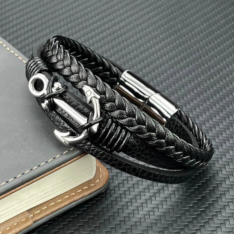 

Fashion Charm Cross Men Bracelet Multilayer Leather Bracelet Punk Jewelry Stainless Steel Magnetic Clasp Bangles Boho Bracelet