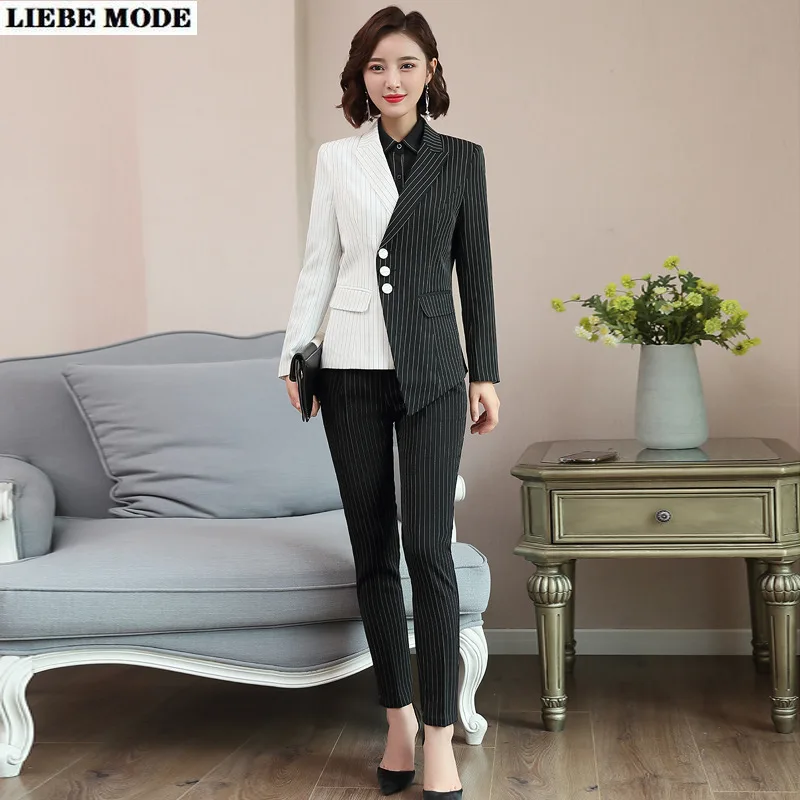 

Womens Black White Striped Suit Plus Size Office Formal Two Piece Set Women Blazer and Pants Elegant Business Woman Pants Suite