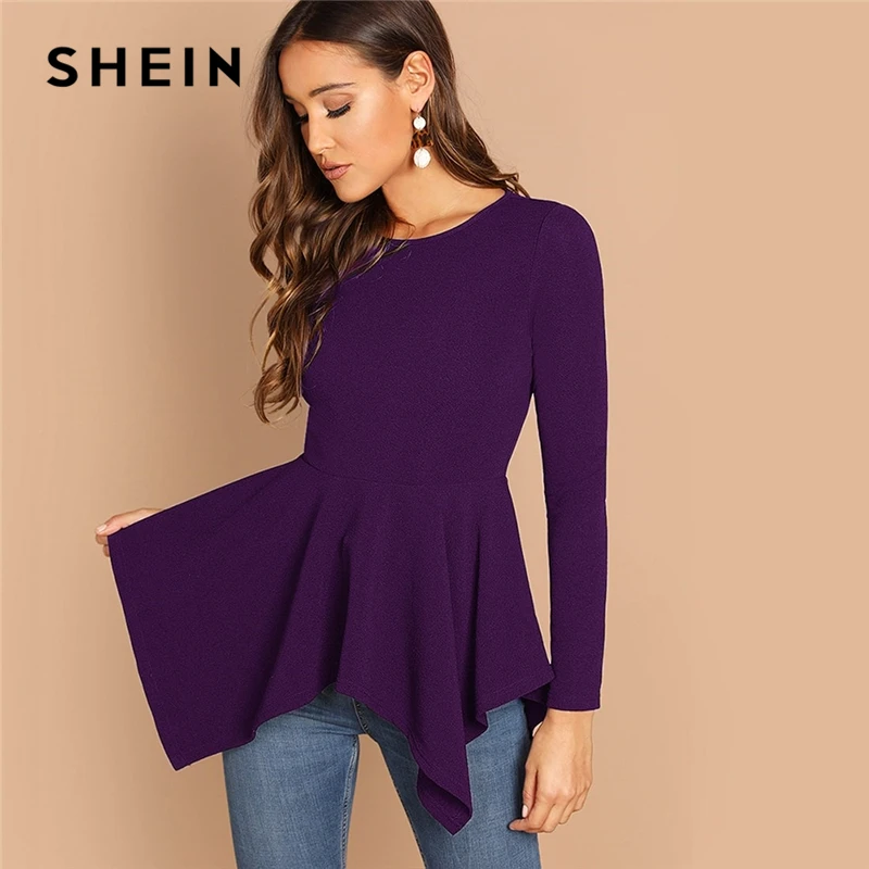 SHEIN Однотонный Топ С Асимметричным Низом И Молнией Женская Черная Классическая Блузка С Длинными Рукавами