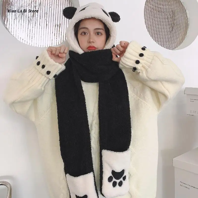 

XXFD Cartoon Soft Panda Hat Scarf Gloves Windproof Animal Paws Hat Hoods Gloves Scarf