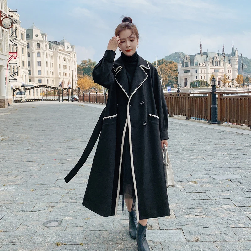 

LANMREM 2022 зимнее новое черное шерстяное пальто женское с длинным рукавом со шнуровкой на талии средней длины пальто женская модная одежда 2W1275