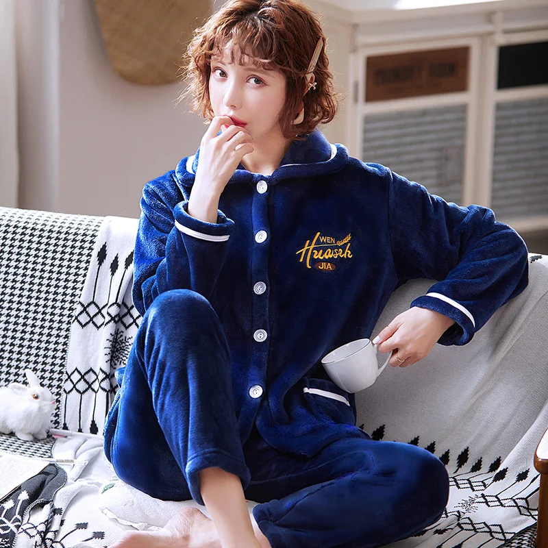 UHYTGF Thick Flannel Winter Pajamas Set Women Coral Fleece Casual Warm Spring Autumn Sleepwear Female Pyjamas Homewear Suit 1861