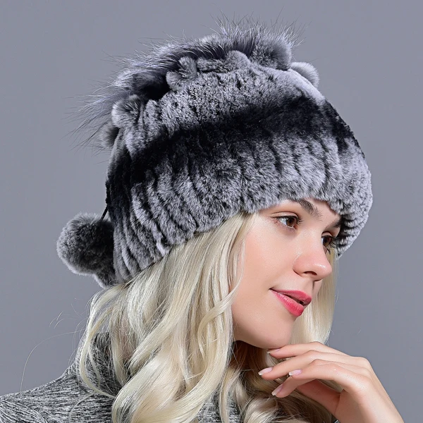 Зимние женские головные уборы с шариками кролика рекс мех помпон skullies beanies Теплые эластичные модные пушистые уличные меховые шапки - Цвет: Color02