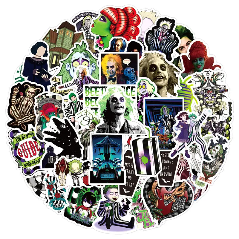 Beetlejuice-pegatinas para motocicletas, calcoman&iacute;as cl&aacute;sicas para espect&aacute;culos de televisi&oacute;n, vasos de agua, muebles, equipaje, monopatines, ordenadores, 10/30/50 unids/paquete-2