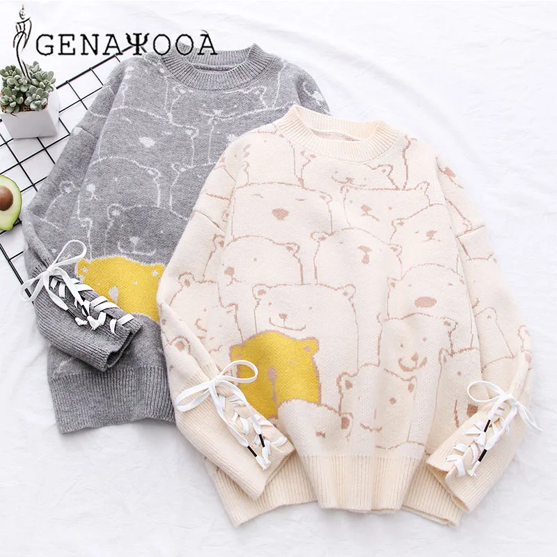 

Genayooa 2020 Autumn Winter Women Sweaters And Pullovers Casual O Neck Bear Knitted Tops Jumper Pullover Long Sleeve Chic