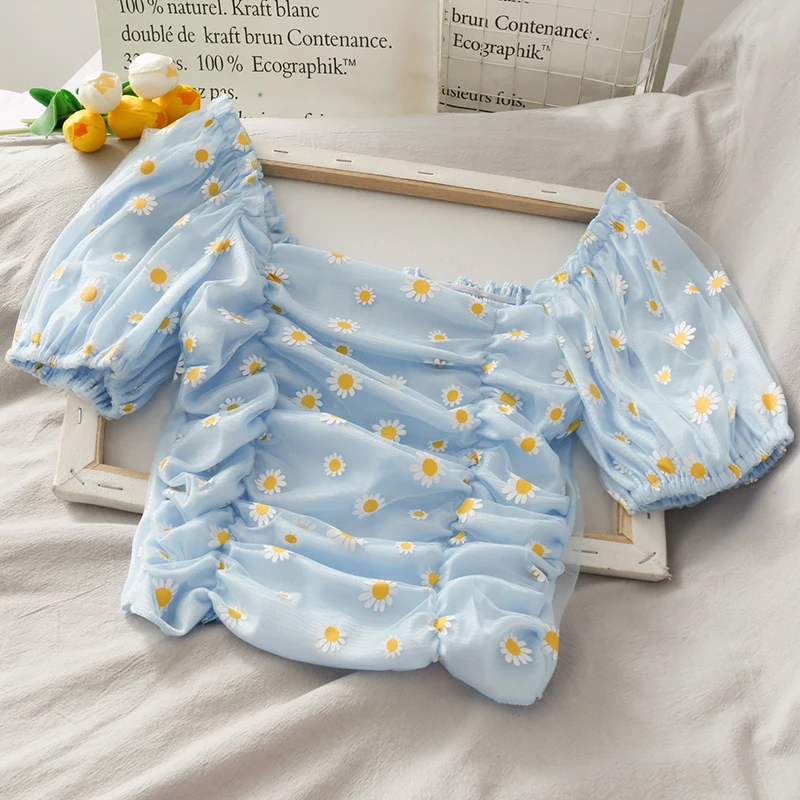 Summer Sweet Fairy Vintage Top Female Short Slash Neck Off Shoulder Puff Sleeve Shirts Women Mesh Chiffon Embroidery Blouses