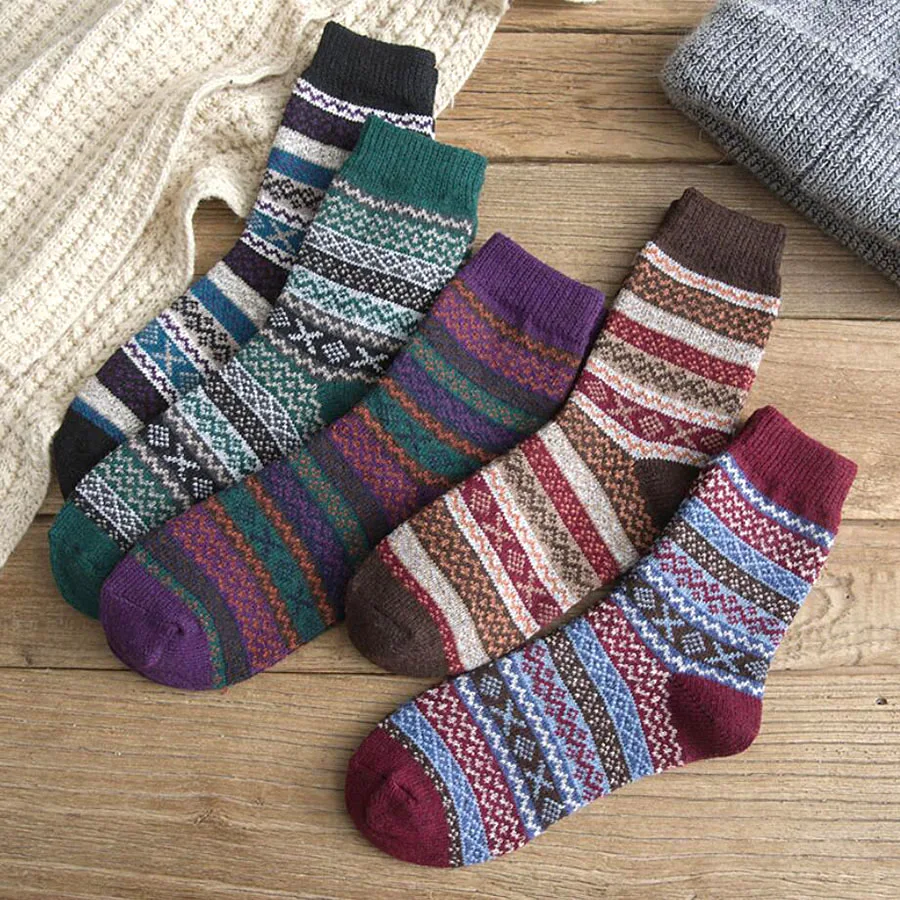 New Autumn Winter Women Wool Socks Thickened Warm Cashmere Cotton Sock Retro Colorful Ladies Towel Dress Socks 5pair