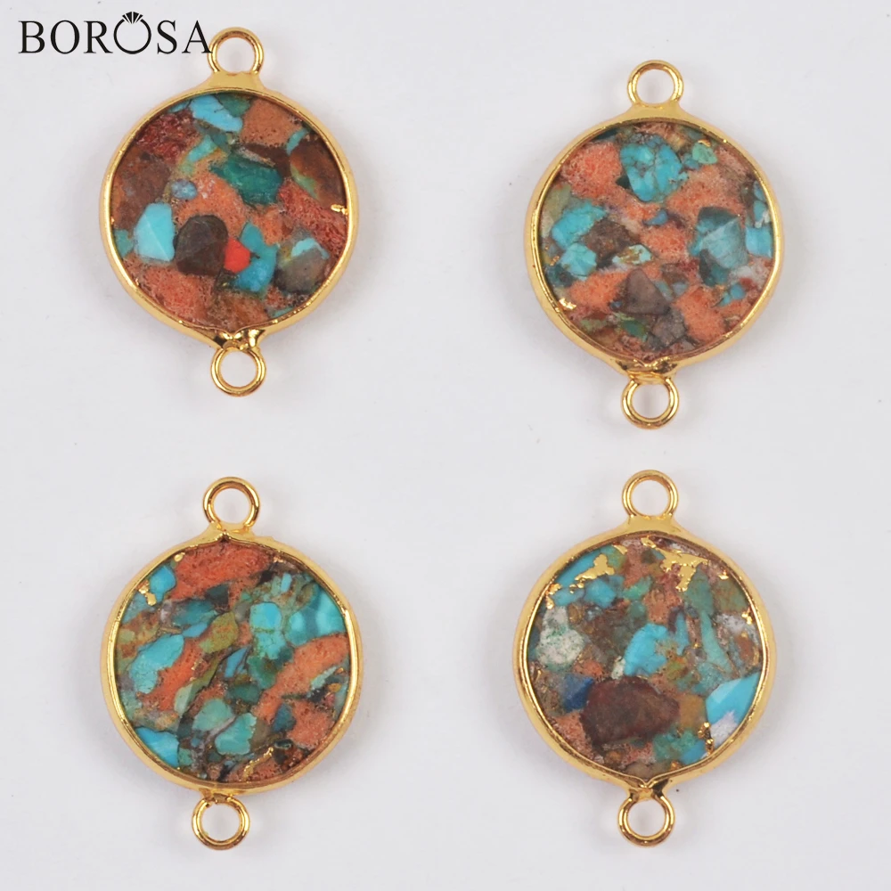 

BOROSA Gold Natural Coral Turquoises Necklace Pendant Round Shape Natural Gems Stone Beads Connector Bracelets Jewelry G2008