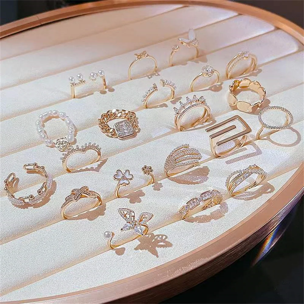 

Simple Pearl Zircon Open Rings For Women Gold Color Chain Ring Punk Round Geometric Open Finger Rings Jewelry Wholesale