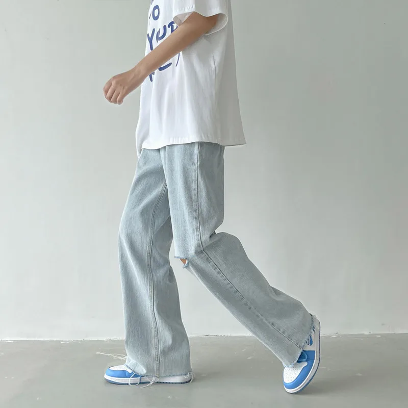 

Джинсы мужские с широкими штанинами, модные рваные джинсы в повседневном стиле, свободные прямые брюки из денима с дырками в стиле хип-хоп, у...