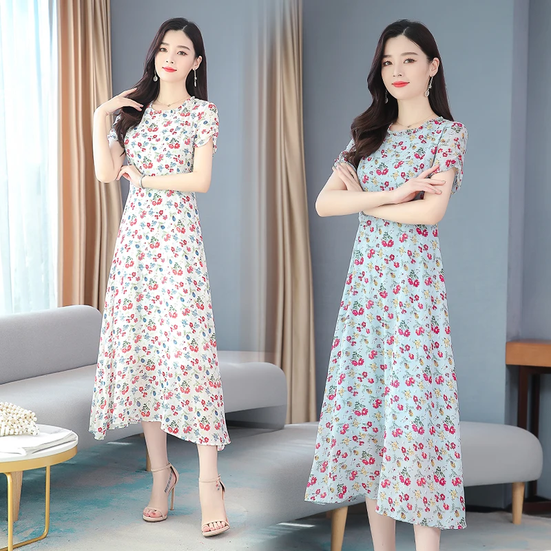 

New Arrival 2020 Summer Women Short Sleeve Dress Sweet Floral Chiffon Dress Vacation Bohemian Long Dress M-4XL