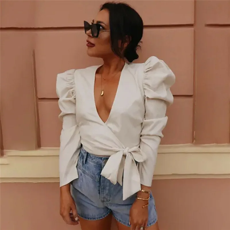 Женская рубашка с длинным рукавом однотонная блузка бантом и оборками