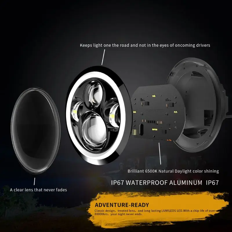 

DC9-30V 150W 7inch Round Car Headlight Halo Angle Eyes Headlamps for jeep Wrangler