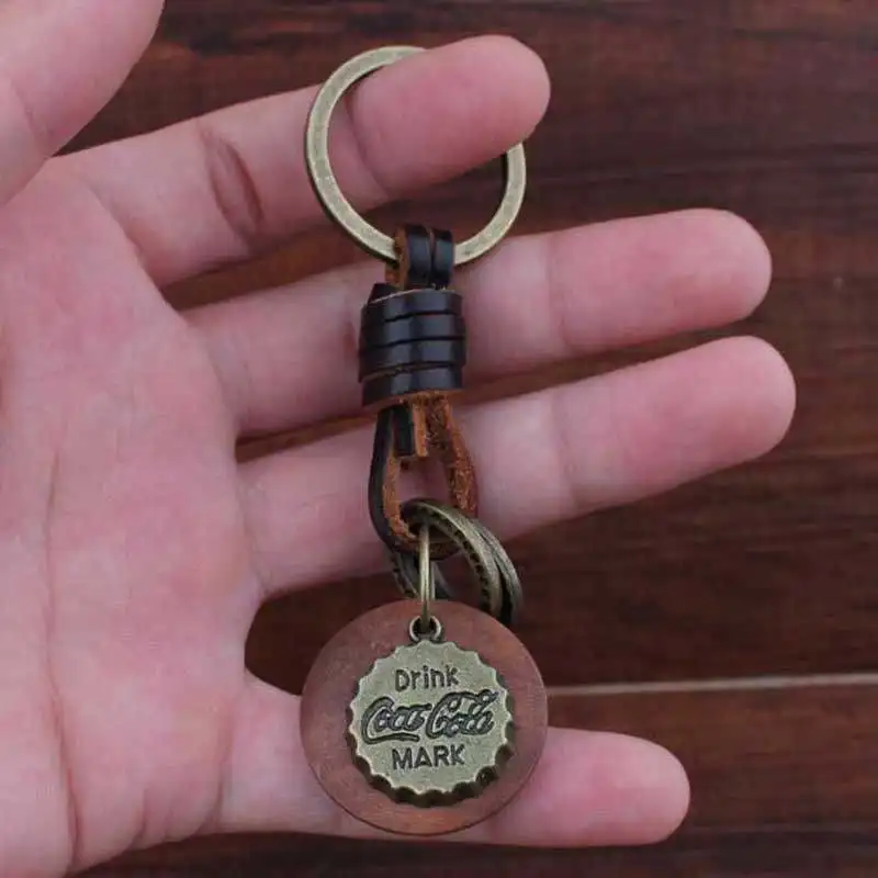 Bottle cap LXJERY 19 видов стилей, винтажная деревянная крышка для бутылки колы, кожаный переплетенный брелок для ключей для женщин, сумка, подвеска в виде ключа, цепочка, подарки - Цвет: Bottle cap