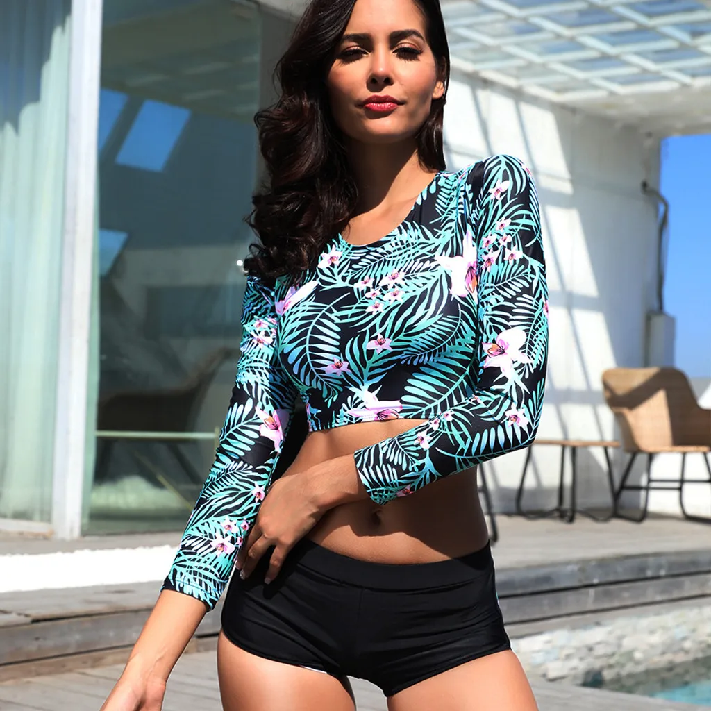 Купальник SAGACE с цветочным принтом короткий топ длинным рукавом и шорты комплект