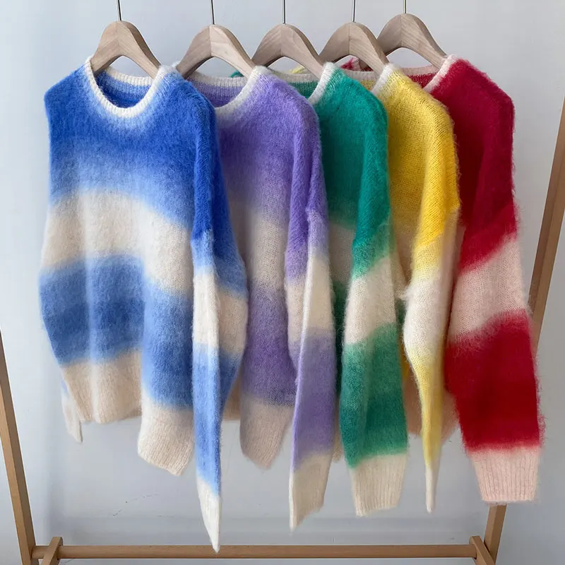 

Gentle Colors Women Sweater 2021 Spring Gradient New Rainbow Color Mohair Pullover Sweater